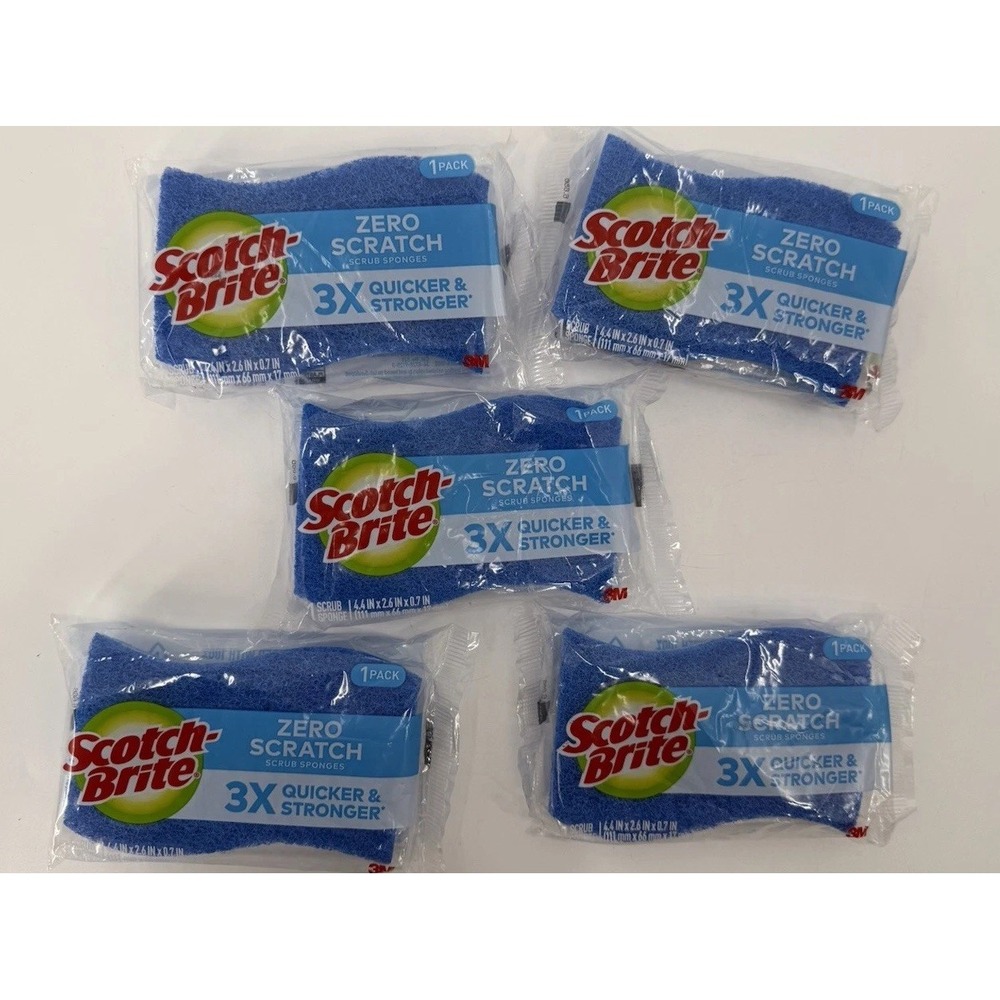 Scotch-Brite Zero Scratch Scrub Sponges 3 X Quicker & Stronger Lot Of 5 NEW